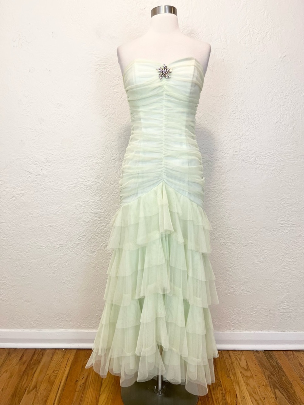 Vintage Jessica McClintock Dress Mesh Ruffle Light Green Fairy Mermaid XS 6